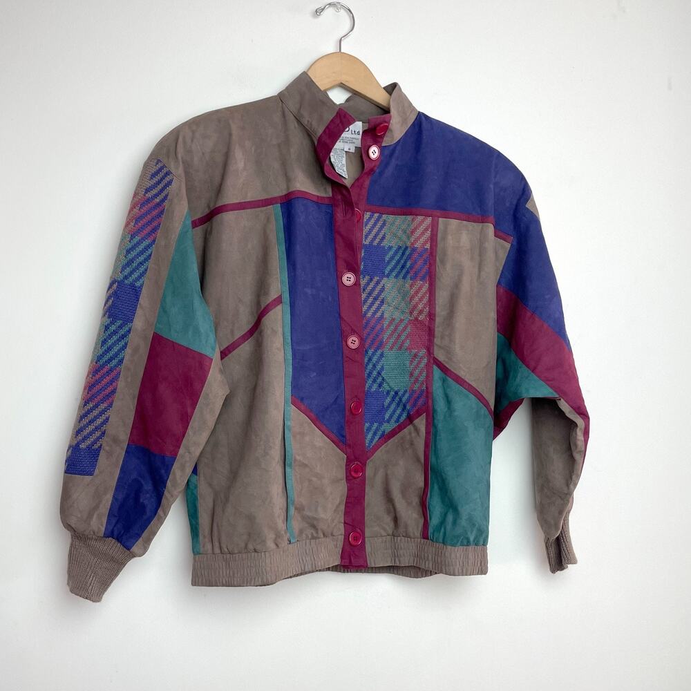 Vintage 90s Faux‎ Suede Color Block Abstract Artsy Boho Patchwork Sweater Jacket